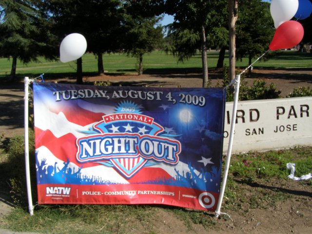 Image of the national Night Out banner at Starbird Park.